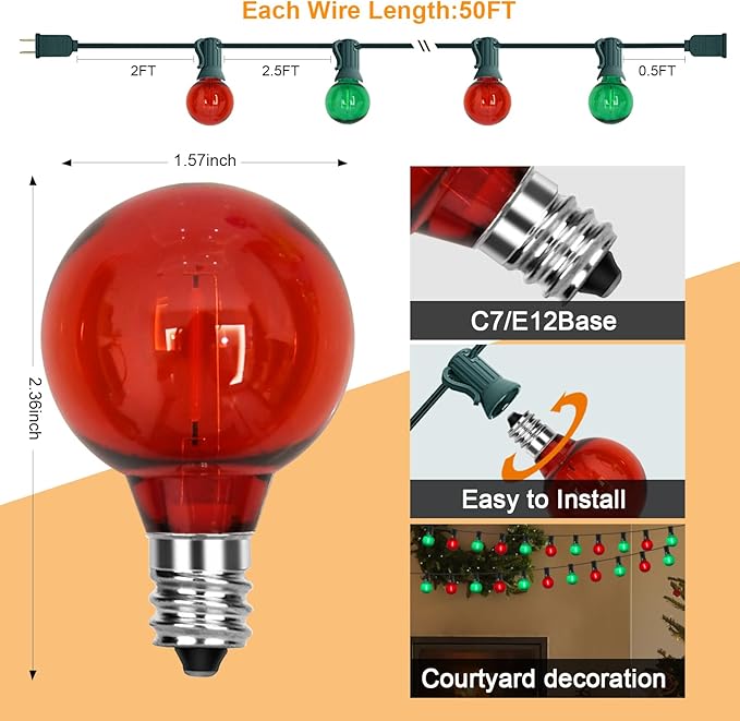 GOOTHY 50Ft Outdoor Red/Green Christmas Lights, G40 Globe Patio String Light with 25 Shatterproof Bulbs(2 Spare), Outside Christmas Lights for Holiday Party Backyard