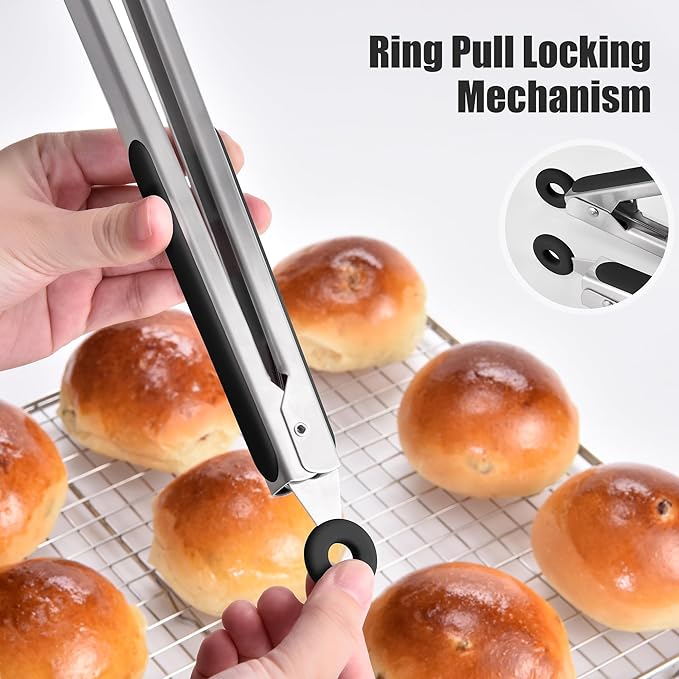 Doosu Kitchen Tongs for Cooking - 600°F Heat Resistant Food Tong with Non-Scratch Silicone Tips, Heavy Duty Stainless Steel Locking Tong for BBQ, Grilling Steak, Serving Salad, Pasta (16in, Black)