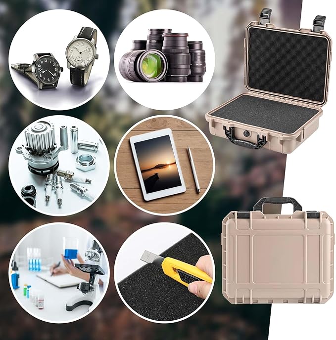 16.3 x 12.4 x 6.5 Inch Waterproof Hard Case with DIY Customizable Foam Insert Portable Protective Case with Knife for Camera Drones Equipments Tools Test Instruments (Tan)