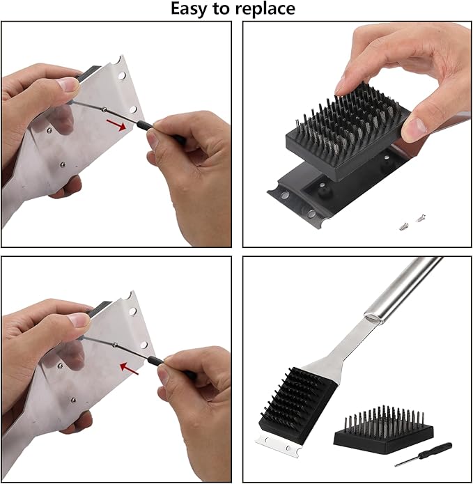 16.5” Grill Brush and Scraper with 2 Brush Replacements & 1 Screwdriver, Wire BBQ Grill Brush for Outdoor Grill, 304 Stainless Steel Cleaning Brush BBQ Grill Accessories