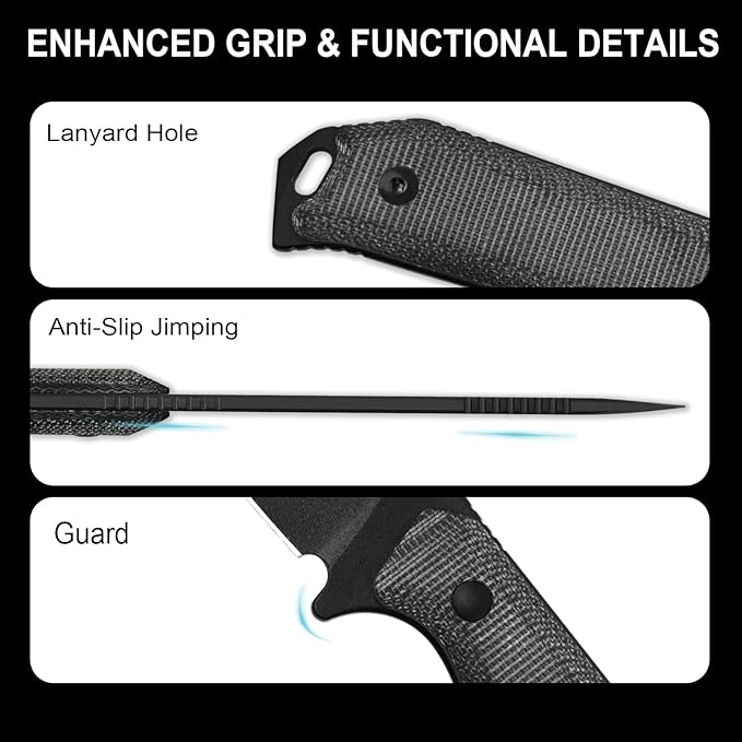 Kizer Begleiter Fix Fixed Blade Knife, 3.75" Sheepsfoot 3V Blade Hunting Knives with Kydex Sheath, Black Micarta Handle EDC Knife for Camping Hunting Survival 1045MS1