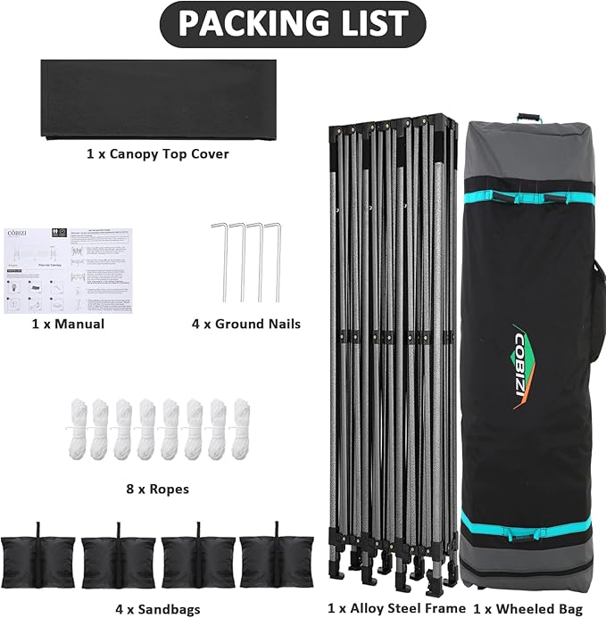 COBIZI 10x30 Pop Up Canopy Without Sidewall,Heavy Duty Canopy UPF 50+ All Season Wind Waterproof Commercial Outdoor Wedding Party Tents for Parties Gazebo with Roller Bag(10 x 30 ft Black)