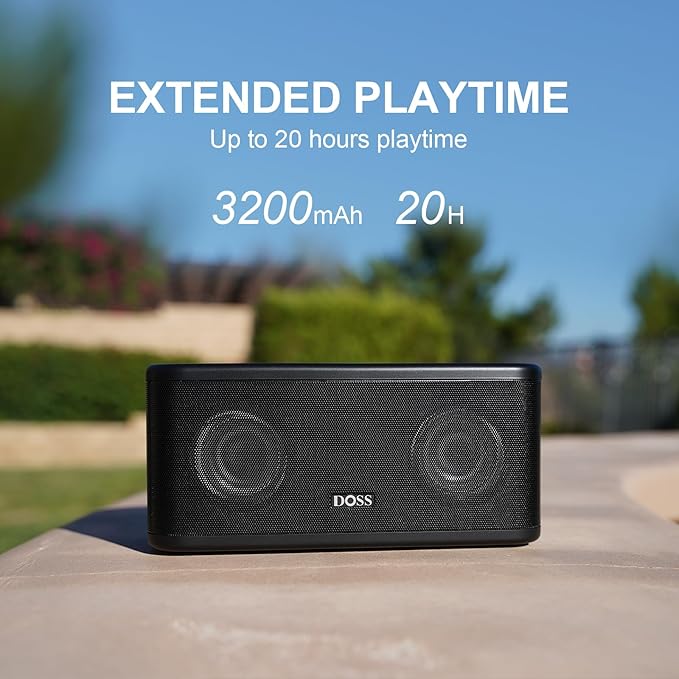 DOSS SoundBox Plus Bluetooth Speaker with Superior Sound, Bluetooth 5.0, Wireless Stereo Pairing, Built-in Mic, 20H Playtime, Portable for Hking, Beach, Camping. Outdoor, Home - Black. Upgrade version