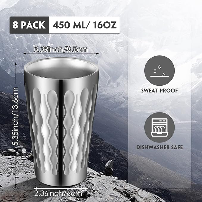 8 Pack 16oz Stainless Steel Cups Pint Cup Metal Double Layer Insulated Drinking Beer Water Tumbler Camping Reusable Stackable for Office Party Hot Cold Drink