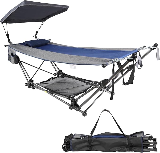 RedSwing Portable Folding Hammock with Stand,Fold Up Hammock with Removable Canopy,Pillow and Storage Net,Foldable Camping Hammock for Adults for Outdoor,Backyard,Beach,Garden,Lawn