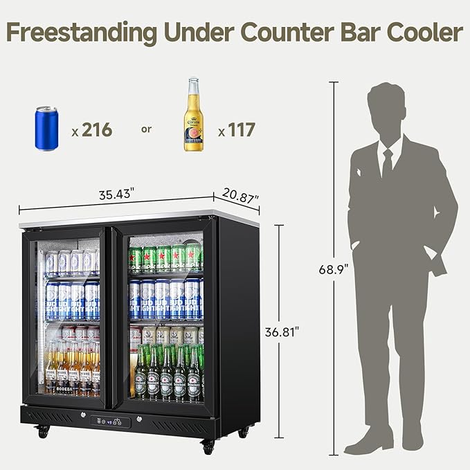 BODEGACOOLER Commercial Beverage Bar Cooler with 2 Glass Doors,7.7 Cu.ft Counter Height Back Bar Refrigerator LED Lighting for Soda Drinks,Beer,Wine with Stainless Steel Top,DOE Approved,4 Casters