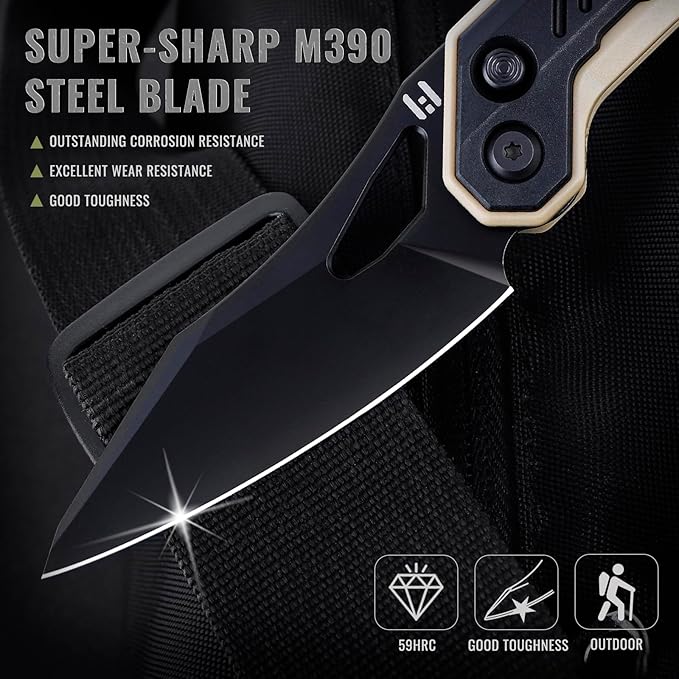 Hightron Spectron Folding Pocket Knife, 3.05" M390 Steel Blade and Nylon Fiber Handle, Sharp EDC Knives with Pocket Clip for Camping Survival Hiking Unisex Black&Khaki