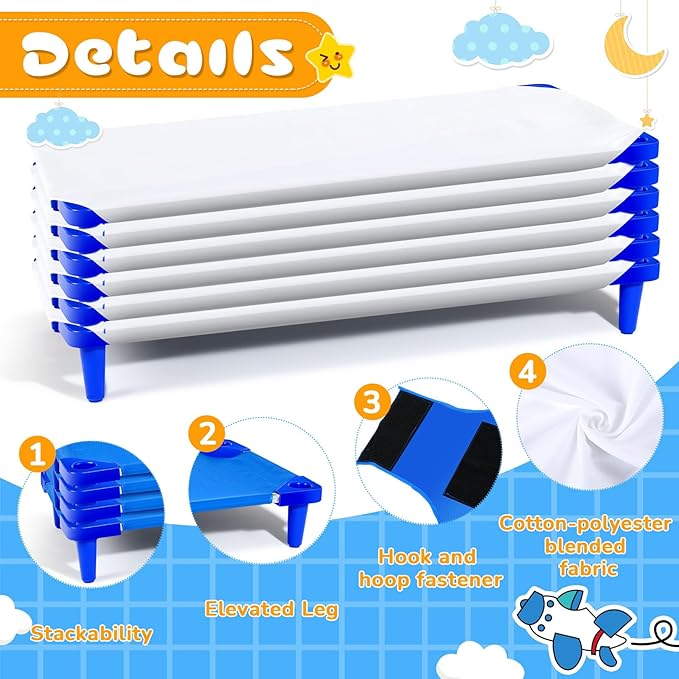12 Pcs Stackable Daycare Cots for Kids with Sheets 54 l x 23 W T Kids Cots Furniture Bed Frames Headboards Footboards for Sleeping and Daycare (Blue)