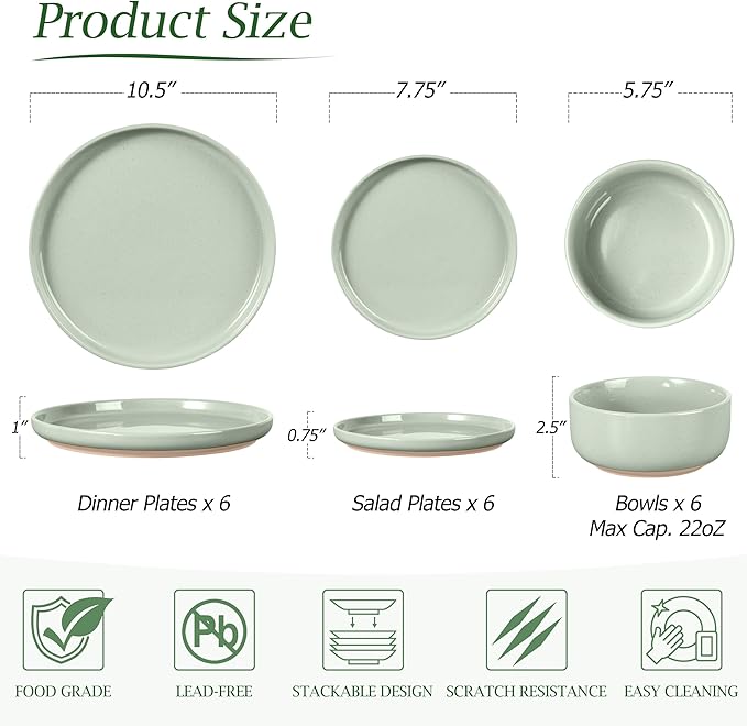 LIANYU Plates and Bowls Sets, 18 Piece Modern Speckled Dinnerware Set, China Dinnerware Dishes, Service for 6, Scratch Resistant & Dishwasher Safe, Fog Green