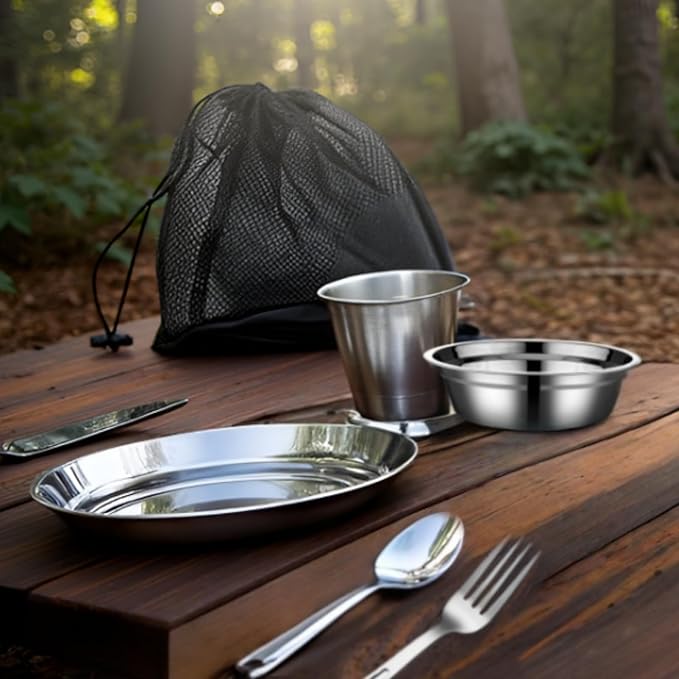 Scout Camping Mess Kits Stainless Steel Utensils Camping Dinnerware Kit Boy Scout Dishes Set Girl Scout Mess Kit with Mesh Bag Camping Cutlery Set Travel Trip School Camp Easy to Carry Clean
