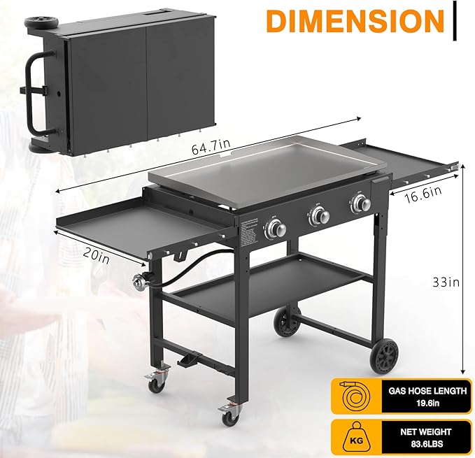 3 Burner Foldable Gas Griddle, 32 Inch Stainless Steel Portable Detachable Propane Griddle, 45,000 BTU Flat Top Barbecue Grill with Side Shelves for Camping