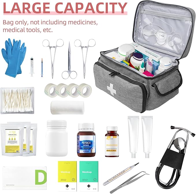 First Aid Bag Empty, Small Medicine Bag Portable Medical Supplies Organizer for Travel, Home, Office, Car, Outdoor, Camping, Hiking (Gray)