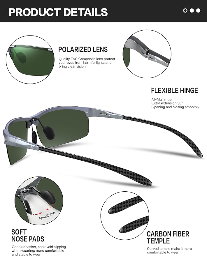 BIRCEN Polarized Carbon-Fiber Sunglasses for Men: Ultralight UV Protection Sun Glasses for Outdoor Sports Fishing Golf Hiking