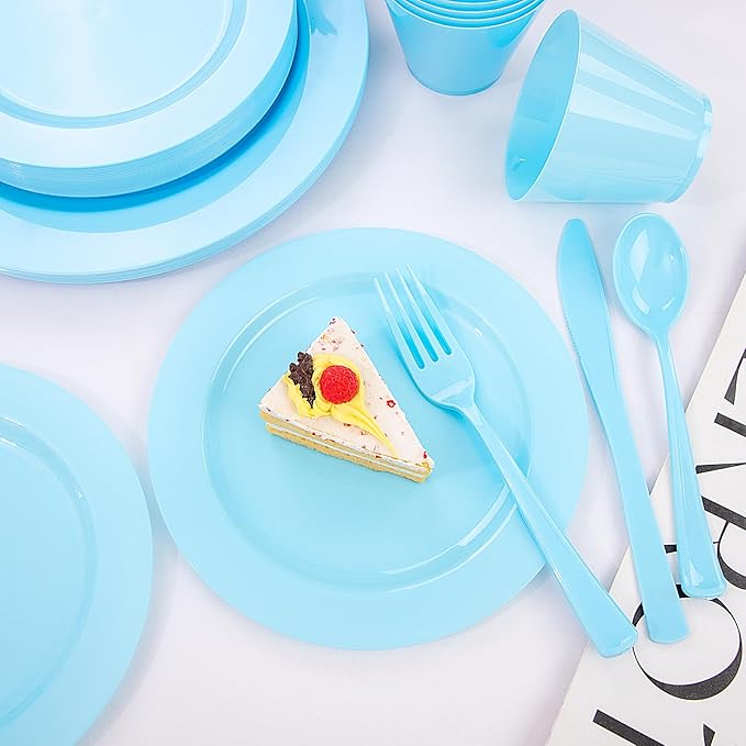 KIRE 150 Piece Blue Plastic Plates Disposable - Blue Dinnerware Set Includes 25 Dinner Plates, 25 Salad Plates, 25 Utensils Set 25 Clear Cups for Birthday/Picnic/Baby Shower