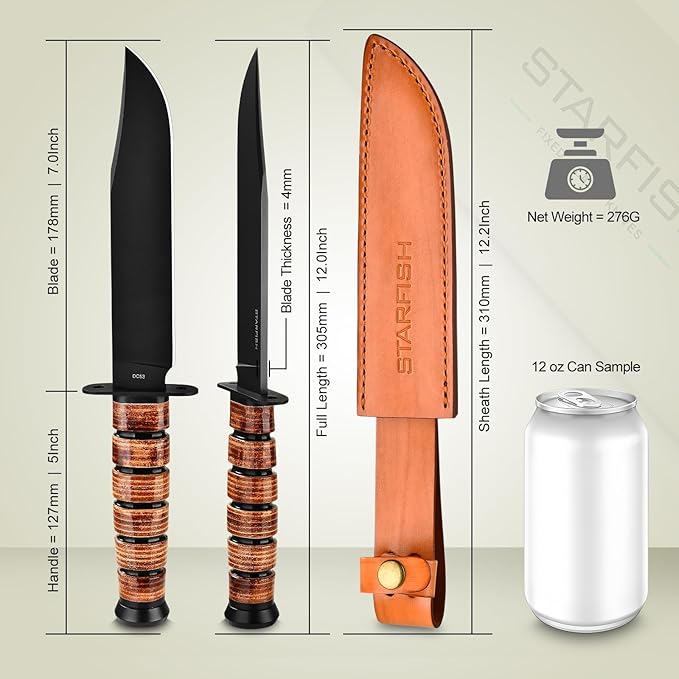 STARFISH Fixed Blade Knife, 7.0” DC53 Steel Blade with Black Titanium Coating Full Tang Hunting Knife with Sheath, Ergonomic Leather Handle Bushcraft Bowie Knives for Camping, Hiking
