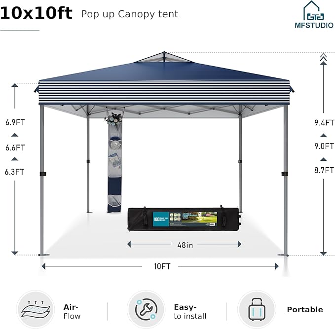 MFSTUDIO Pop Up Canopy Tent, 10x10 Outdoor Canopies One Push Setup Instant Portable Shelter Tens with Vented Top, Storage, 4 Sandbags, Beach Canopy, Blue White Stripe