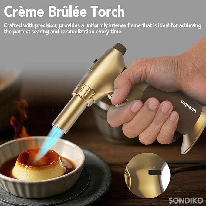 Sondiko DUAL Style Flame Butane Torch Lighter, Adjustable Flame Size Butane Lighter, Refillable Blow Torch with Continuous Flame Lock for Cooking, Butane Gas Is Not Included, Gold