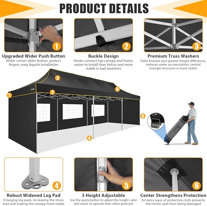 HOTEEL Tents for Parties 10x30 Heavy Duty Pop Up Canopy Tent with 5 Sidewalls&Wheeled Bag, Commercial Event Party Tent Wedding Instant Canopy Waterproof, UV 50+, Upgraded Thicked Hexagonal Legs, Black
