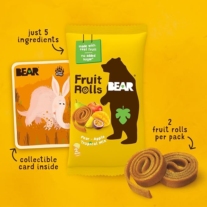 BEAR Real Fruit Snack Rolls - Gluten Free, Vegan, and Non-GMO - Tropical – 36 Rolls, Healthy School And Lunch Snacks For Kids And Adults, 0.7 Ounce (Pack of 18)