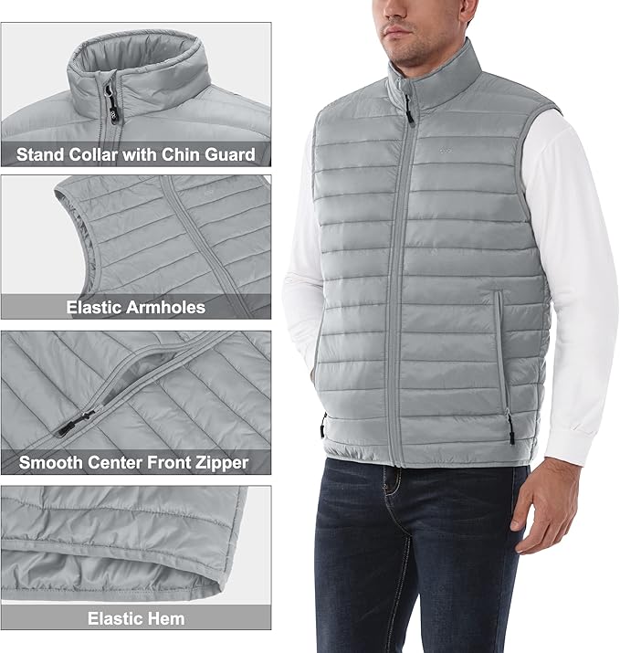 33,000ft Men's Lightweight Packable Insulated Puffer Vest Outerwear, Warm Winter Sleeveless Jacket for Golf Running