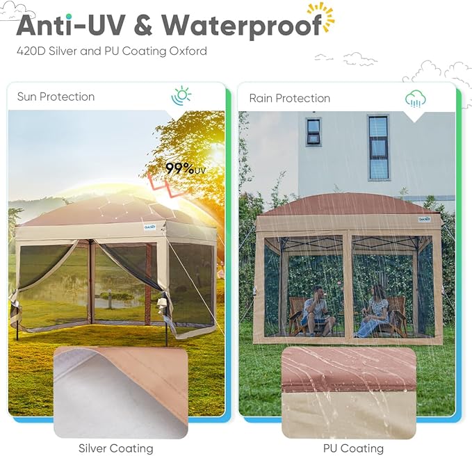 Quictent 6.6’x6.6’ Pop up Canopy Tent with Netting, Instant Setup Screen House Room Tent Screened- 2 Magnetic Doors, Waterproof (Khaki)