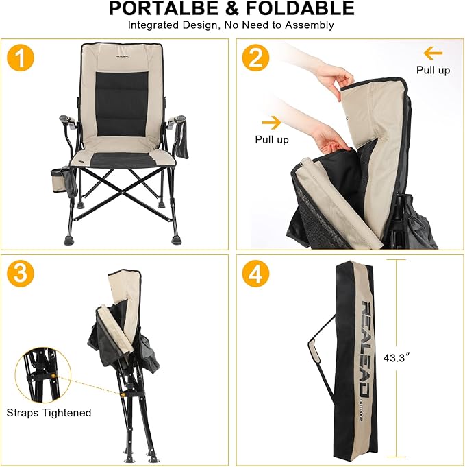 REALEAD Heated Camping Chair - Fully Padded - Heated Chairs Outdoor Sports - Supports 400 lbs - Portable Heated Outdoor Camp Chair for Sport Events - Battery NOT Included
