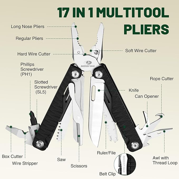 MOSSY OAK Multitool, 17-in-1 EDC Multi Tool with CNC-Machined Steel Pliers, G10 Anti-Slip Handle, Nylon Sheath & Belt Clip – Durable MultiTool for Camping, Hiking, Hunting, Survival, and Everyday Use