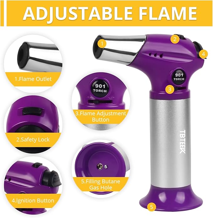 TBTEEK Butane Torch T901, Kitchen Torch Cooking Torch with Safety Lock & Adjustable Flame for Cooking, BBQ, Baking, Brulee, Creme, DIY Soldering(Butane Not Included), Purple
