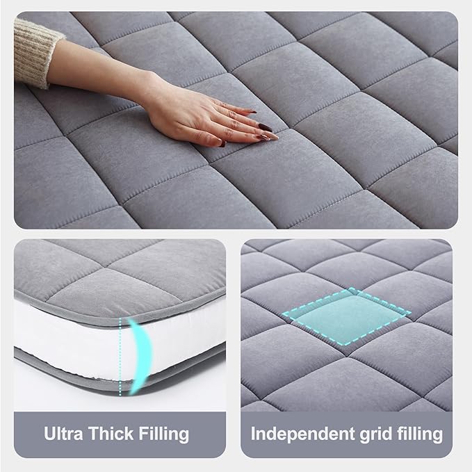 Tiita Futon Mattress 4” Thick Folding Roll Up Sleeping Pad with Bag & Strap, Bed Topper Mat for Guest, Lounger and Tavel, Gray,Queen Size