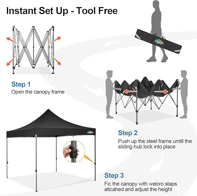 COBIZI 10x10 Pop Up Canopy Tent 10x10 Easy up Canopy, Heavy Duty Outdoor Canopy UPF 50+ All Weather Waterproof Instant Party Tents for Parties Gazebo with Handbag, Black(Windproof Upgraded)