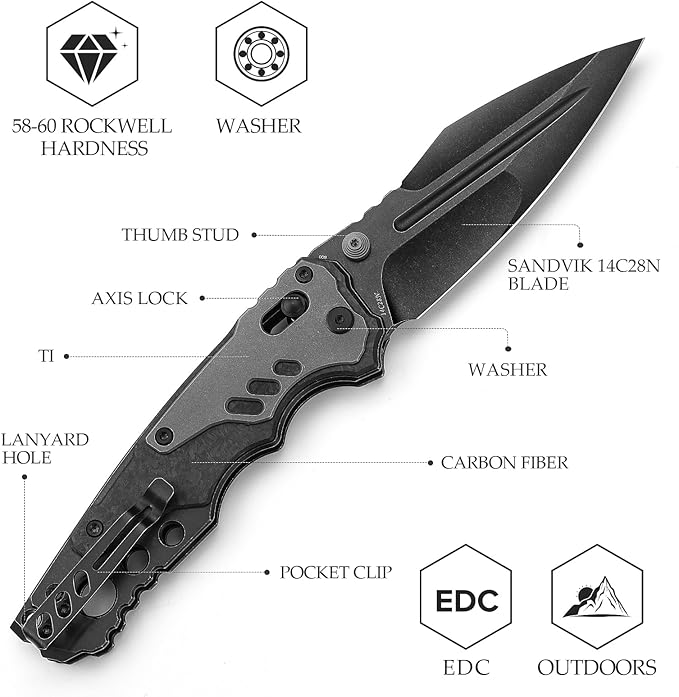 Intruder-05|Folding Pocket Knife for Men,Heavy Camping EDC Knives with Clip ,4.29" PVD Blackwash 14C28N Steel Blade Axis Lock & Washer, Thumb Stud,Ti & Carbon Fiber Handle