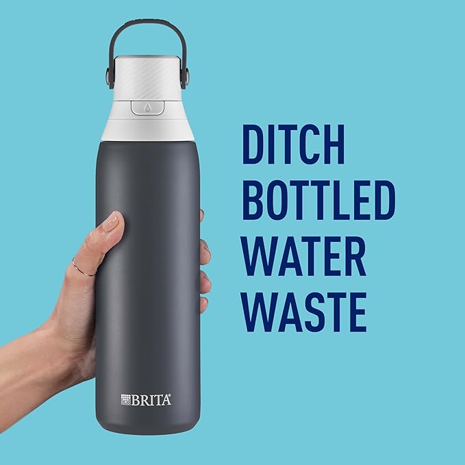 Brita Stainless Steel Premium Filtering Water Bottle, BPA-Free, Reusable, Insulated, Replaces 300 Plastic Water Bottles, Filter Lasts 2 Months or 40 Gallons, Includes 1 Filter, Carbon - 20 oz.