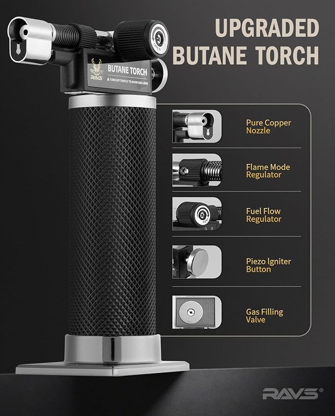 RAVS Butane Torch Lighter, DUAL Flame Mode Kitchen Torch, Refillable Cooking Torch Gun, Creme Brulee Torch Lighter, Blow Torch for Cooking, Welding, Mini Torch Soldering Torch, Butane is Not Included