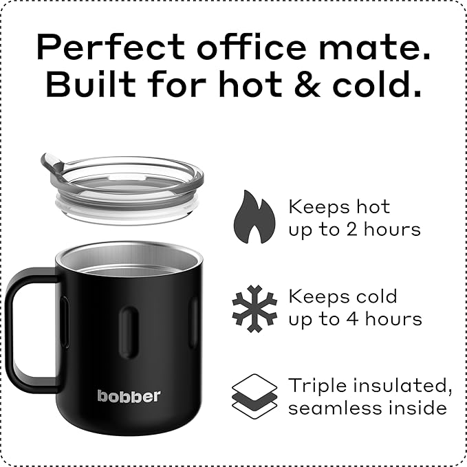 BOBBER 10 oz Insulated Coffee Mug with Handle & Lid – Premium Stainless Steel Camping Cup for Hot and Cold Drinks – Triple Walled Coffee Mug, Perfect for Home & Office (Black)