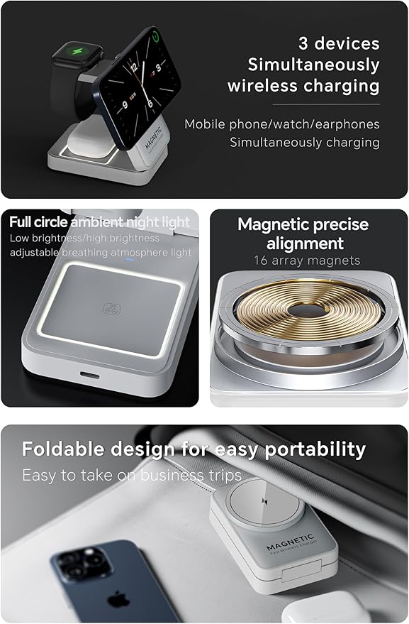 2025 Upgraded 3-in-1 Wireless Charger for iPhone,Travel Magnetic Charger Stand Nightlight Foldable Wireless Charging Station Compatible with Magsafe Charger&iPhone 16/15/14/13/12,Apple Watch&AirPods