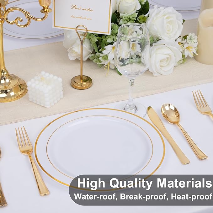 WELLIFE 72PCS Gold Plastic Plate, 10.25Inch Disposable Dinner Plate Party with Gold Rim, Heavy Duty Disposable Plastic Plates for Party, Wedding, Birthday.