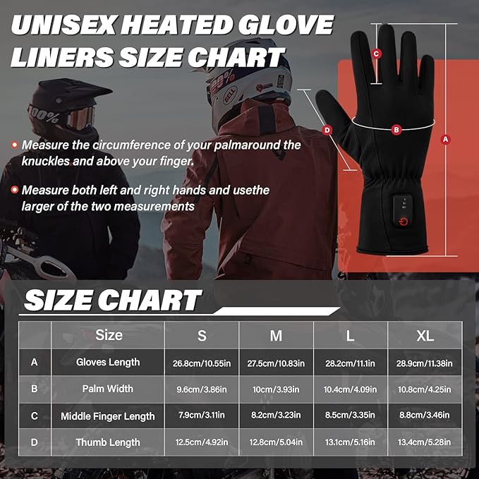 Dr.Warm Heated Glove Liners, Rechargeable Heated Gloves Electric Battery Heating Riding Ski Snowboarding Hiking Cycling Hunting Touchscreen Thin Gloves Hand Warmer