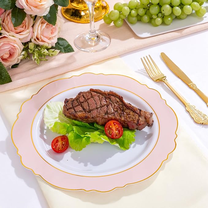 WDF 60pcs Pink Plastic Plates - 10.25inch Baroque Pink And Gold Disposable Dinner Plates for Upscale Parties -Special for Wedding, Party,Birthdays, Baby Shower