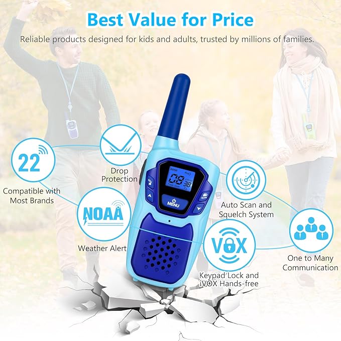 Kids Walkie Talkies 2 Pack NOAA Walkie-Talkies for Adults Rechargeable Long Range 2 Way Radios 4 Miles for Family Camping Hiking Skiing Cruise Ship, Toys for 3-12+ Year Old Girls Boys Toddlers