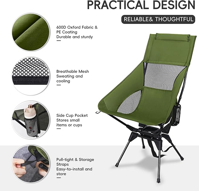 Swivel Folding Chair, High Back Camping Chair with Head Support, Side Cup Pocket, Stable Portable Outdoor Chair for Camp, Travel, Beach, Party, Fishing (Green)