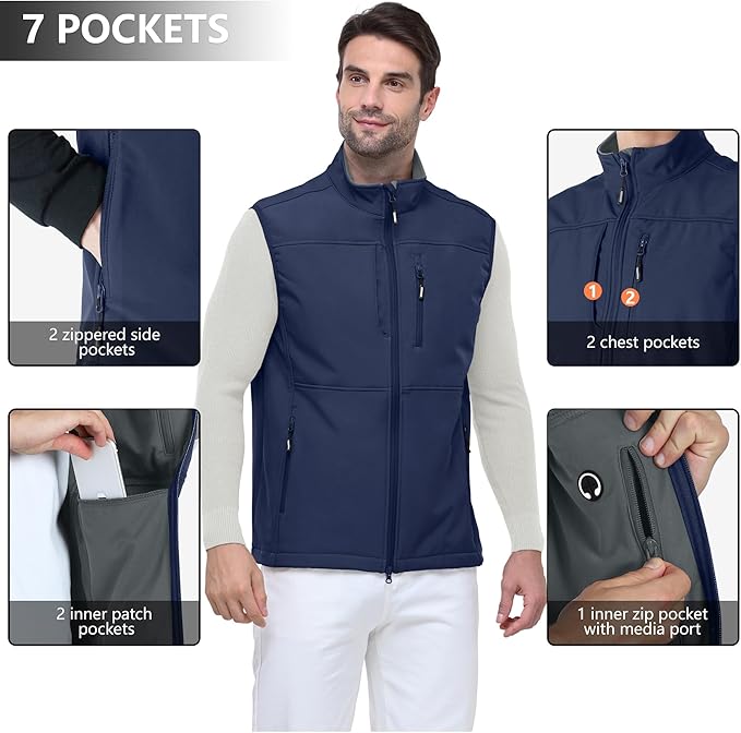Outdoor Ventures Men's Running Vest Outerwear, Lightweight Windproof Fleece-Lined Softshell Sleeveless Jacket for Golf