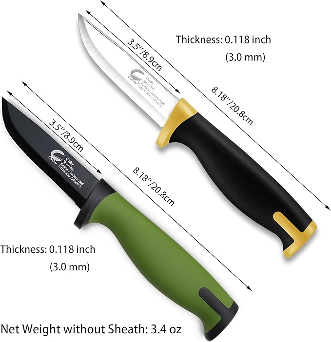 Survival Knife 2 pack, 3.5-inch Carbon Steel Blade, Black Non-Stick Finish with Hard Plastic Sheath to Belts, Soft TPR Handle Camping Knife for Outdoor, Survival, Fishing, Hiking