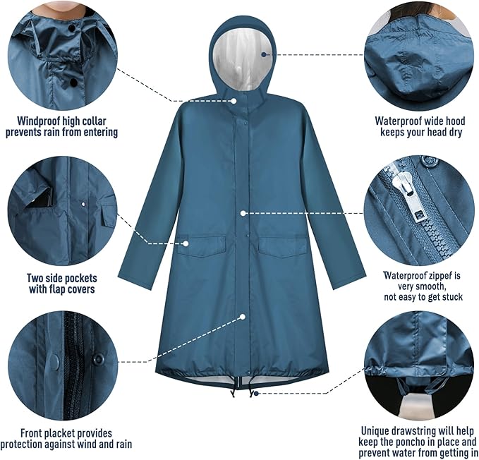 ANYOO Waterproof Rain Poncho Lightweight Reusable Hiking Hooded Coat Jacket for Outdoor Activities