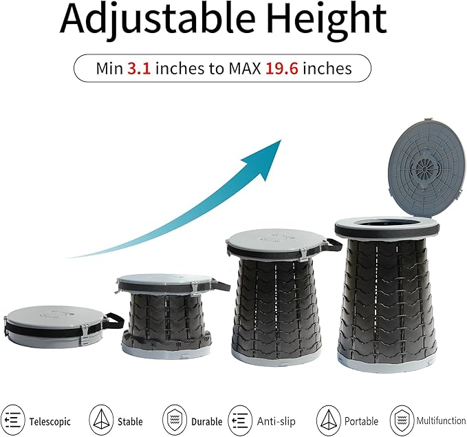 XXL Portable Toilet -19.7" H 15" D Adjustable Foldable Camping Toilet, Luggable Loo with Lid, Strap,Toilet Bag for Camping, Hiking, Travel and Car with Carry Bag