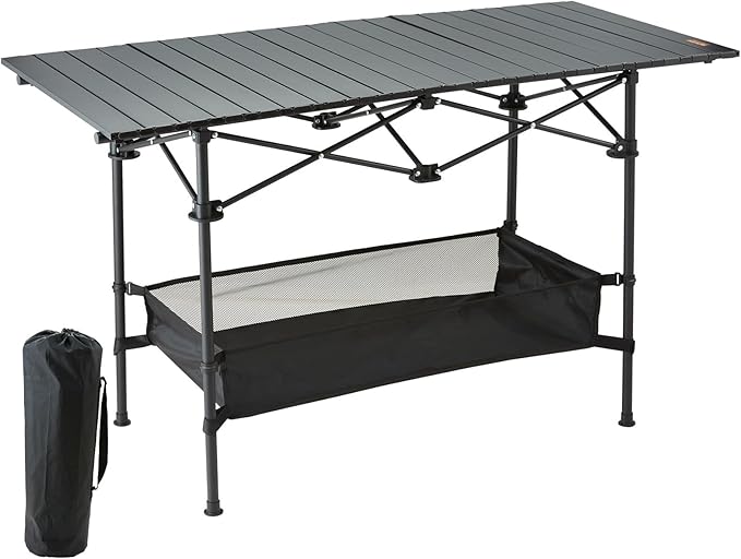 VEVOR Folding Camping Table, Adjustable Height Portable Side Tables, Aluminum MDF Beach Table with Mesh Layer, Carrying Handle, Lightweight Compact for Outdoor Picnic BBQ Cooking (45inch-Black)