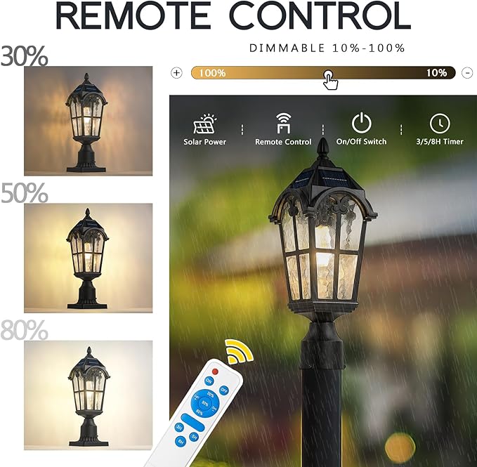Emliviar 2 Pack Waterproof Solar Post Lamps in Black Finish for Pathway, 17.3'' Dusk to Dawn Garden Patio Post Lights Includ LED Bulbs with Water Grain Glass Shade, YXE302P-2PK SL BK