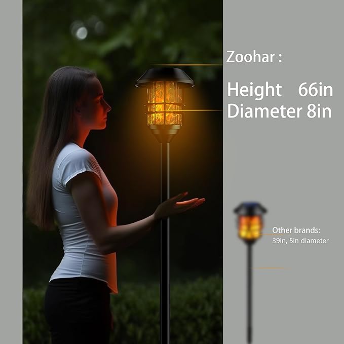 ZOOHAR Solar Outdoor Lights,Extra-Tall Solar Torches with Flickering Flame 4-Pack Waterproof Garden Lights,Stainless Steel Pathway Lighting Garden Decor, Yard Decorations Outdoor Auto On/Off