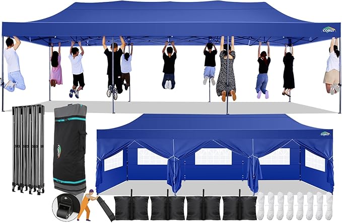 COBIZI 10x30 Pop Up Canopy with 8 Sidewall,Heavy Duty Canopy UPF 50+ All Season Wind Waterproof Commercial Outdoor Wedding Party Tents for Parties Canopy Gazebo with Roller Bag(10 x 30 ft Dark Blue)