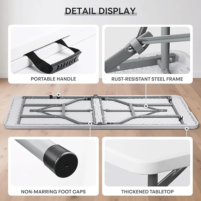 72' Folding Table, Collapsible Camping Table, Rectangular Picnic Table with Steel Frame, Stable Legs Design, Easy Carry and Storage, Plastic Outdoor Folding Tables for Indoor Outdoor, White