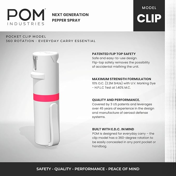 POM Pepper Spray Pocket Clip, Quick Flip Top Safety, Maximum Strength OC Formula with UV Marking Dye, Safe Compact and Tactical Design for Everyday Carry, 25 Bursts, 10 ft Range, 0.5 fl oz